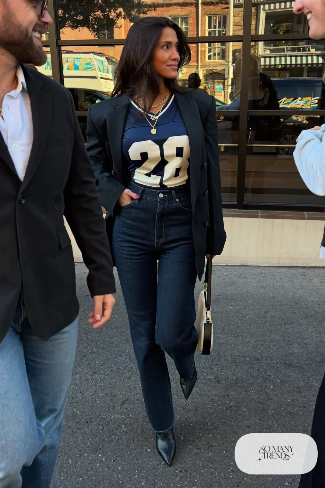 navy jersey style bodysuit high waisted jeans oversized black blazer pointed toe boots gold necklaces outfit 23
