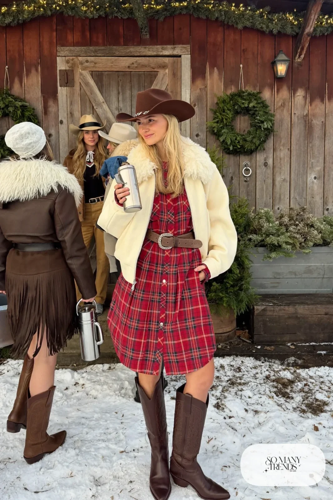 red plaid flannel shirt dress shearling jacket brown cowboy boots leather belt outfit 3