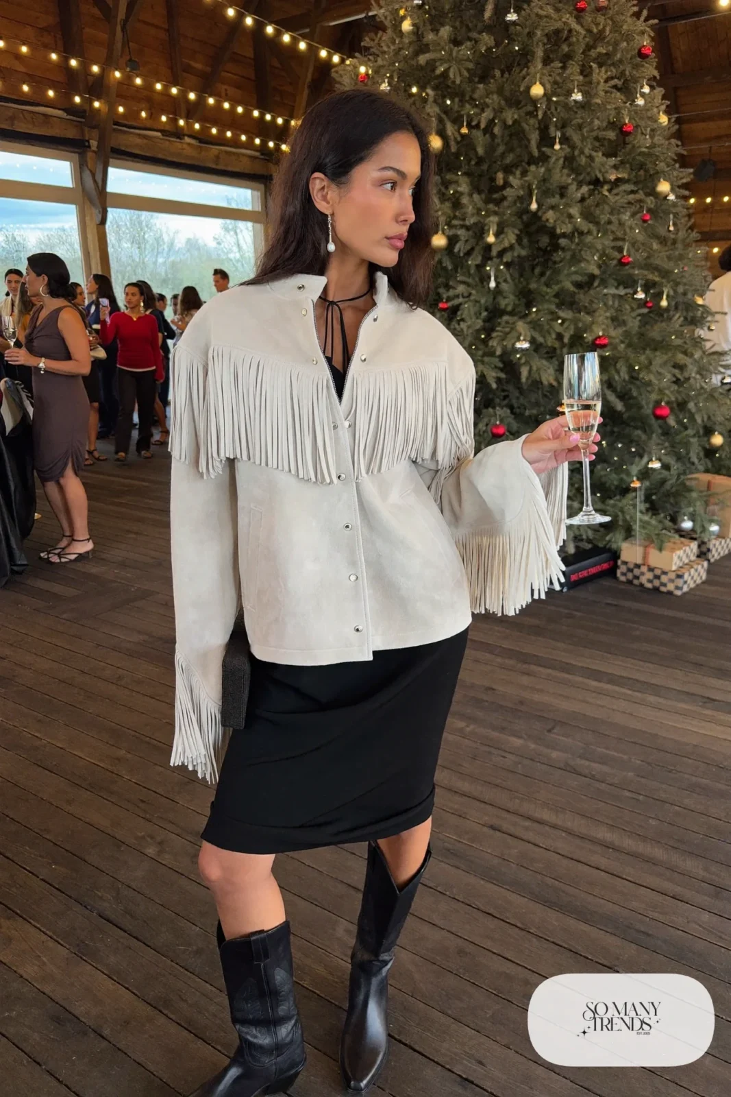 ivory suede fringe jacket black dress silver bolo tie silver jewelry black cowboy boots outfit 30