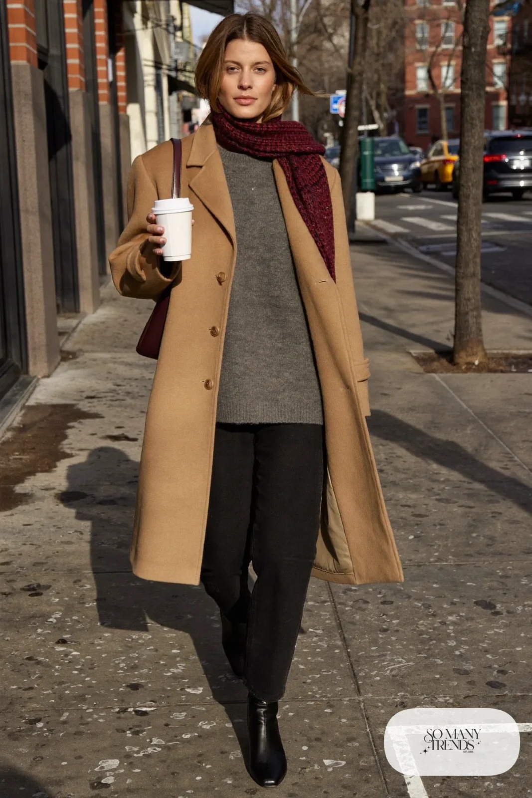 oversized camel wool coat charcoal sweater straight black pants burgundy scarf black ankle boots january outfit 1