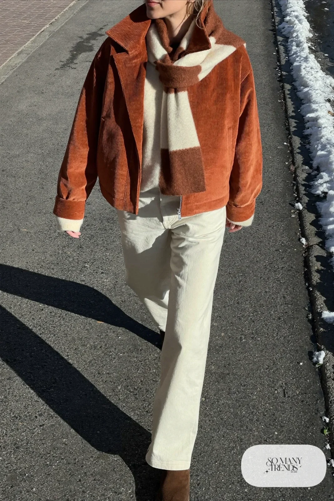 boxy rust corduroy jacket cream knit sweater cream wide-leg pants brown suede boots rust and cream scarf january outfit 28