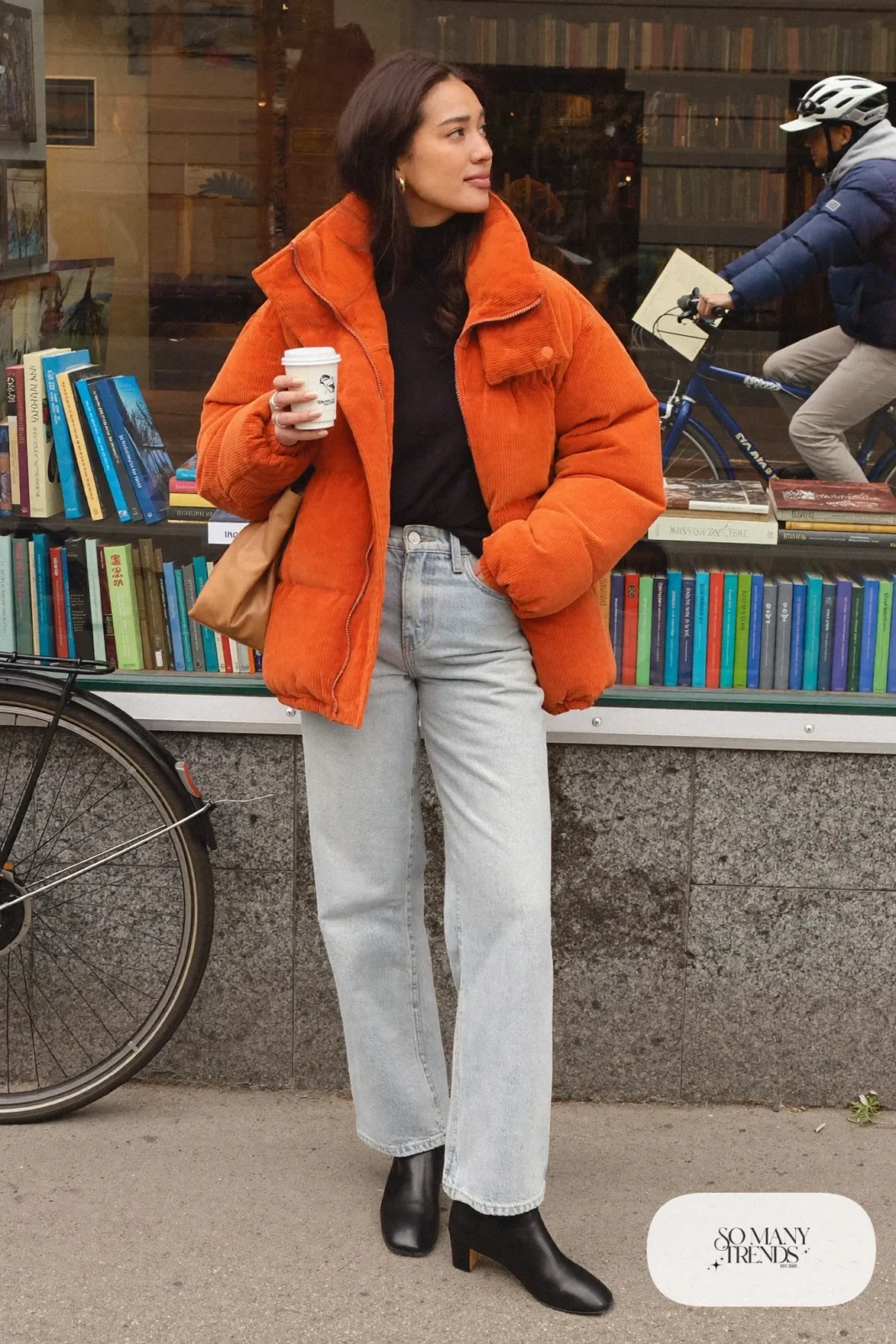 rust corduroy boxy jacket black fitted turtleneck light wash wide leg jeans black ankle boots tan tote outfit 8