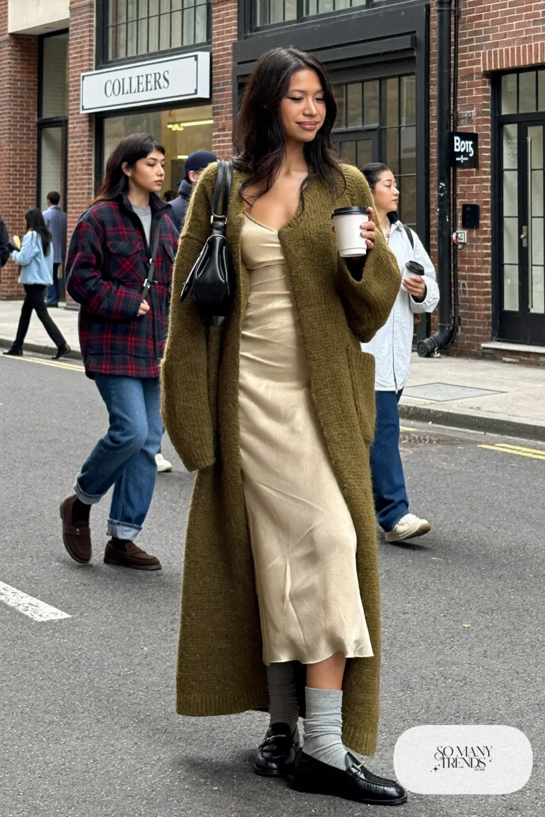 Olive chunky oversized cardigan, cream satin slip dress, tall socks, loafers, winter outfit 9