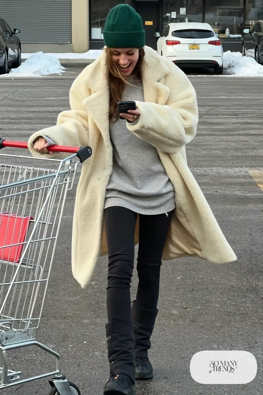 cream teddy sherpa coat gray sweatshirt black fleece leggings waterproof sneaker boots beanie outfit 24