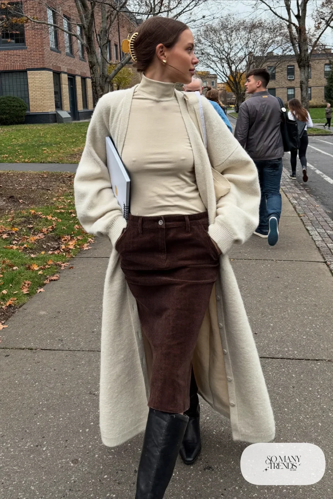 chocolate corduroy midi skirt cream turtleneck oversized cardigan tall black boots tote outfit 14