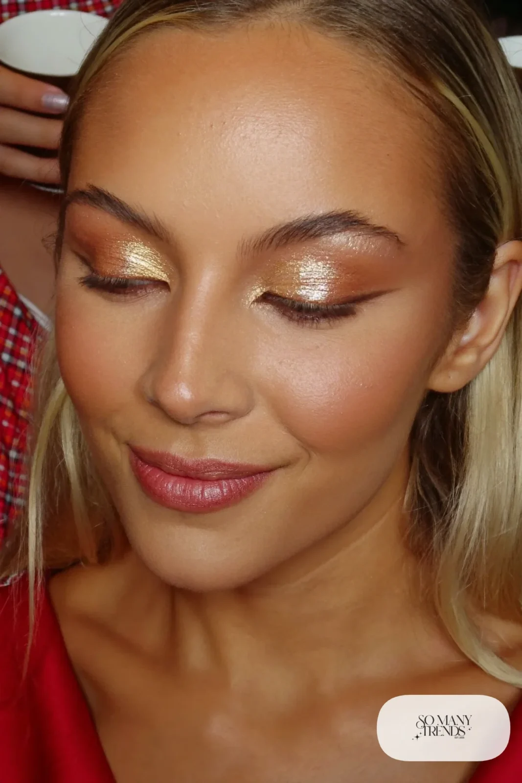 woman with champagne gold metallic eyeshadow, brown liner and rose nude lip, makeup look 4