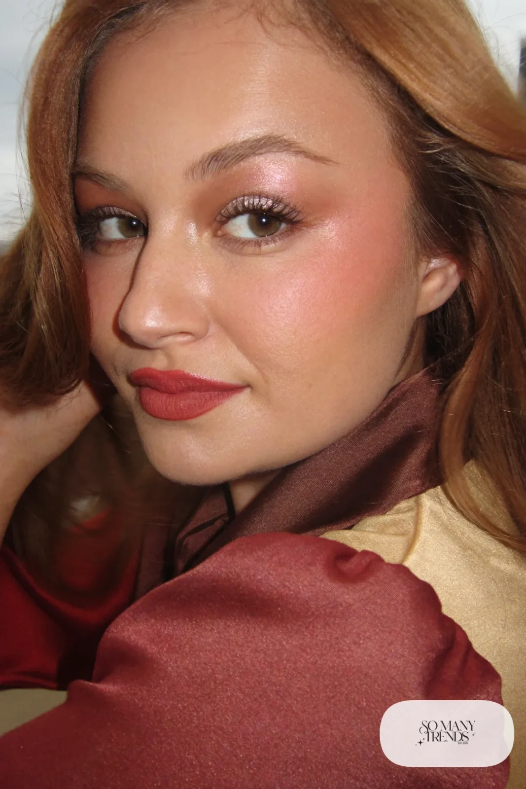 woman with soft rose blush, satin rose lip and natural skin tint, makeup look 7
