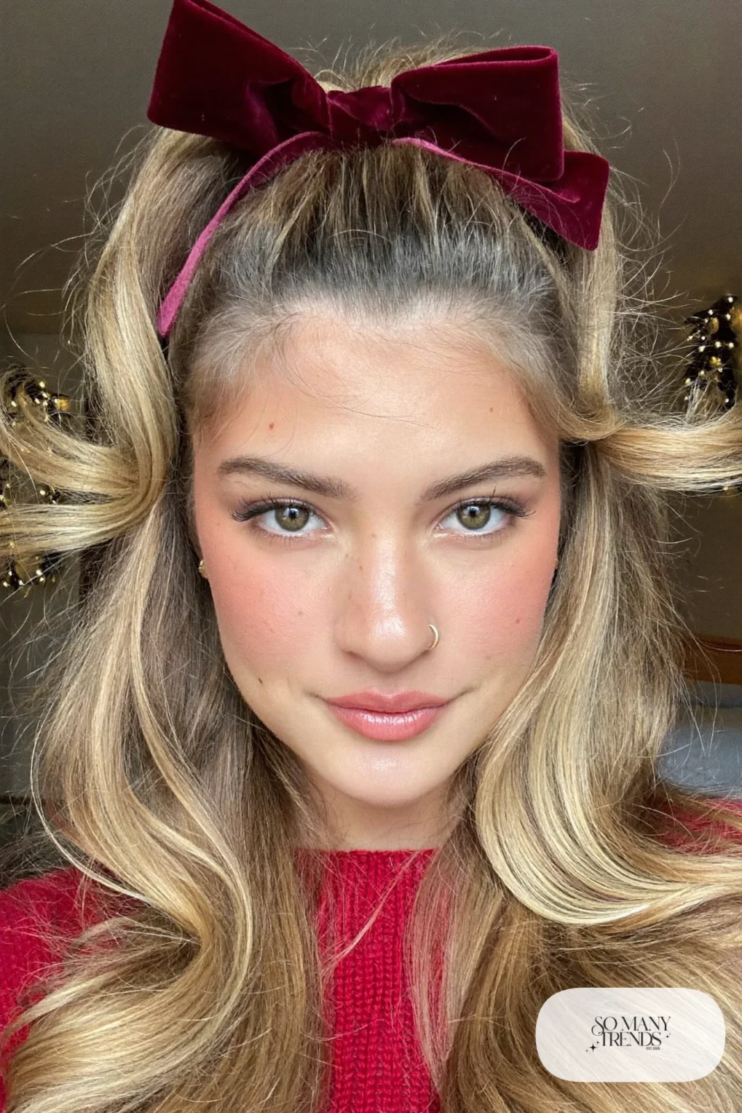 long honey blonde half-up hairstyle with burgundy velvet bow, soft curls, simple neutral makeup, hairstyle 1
