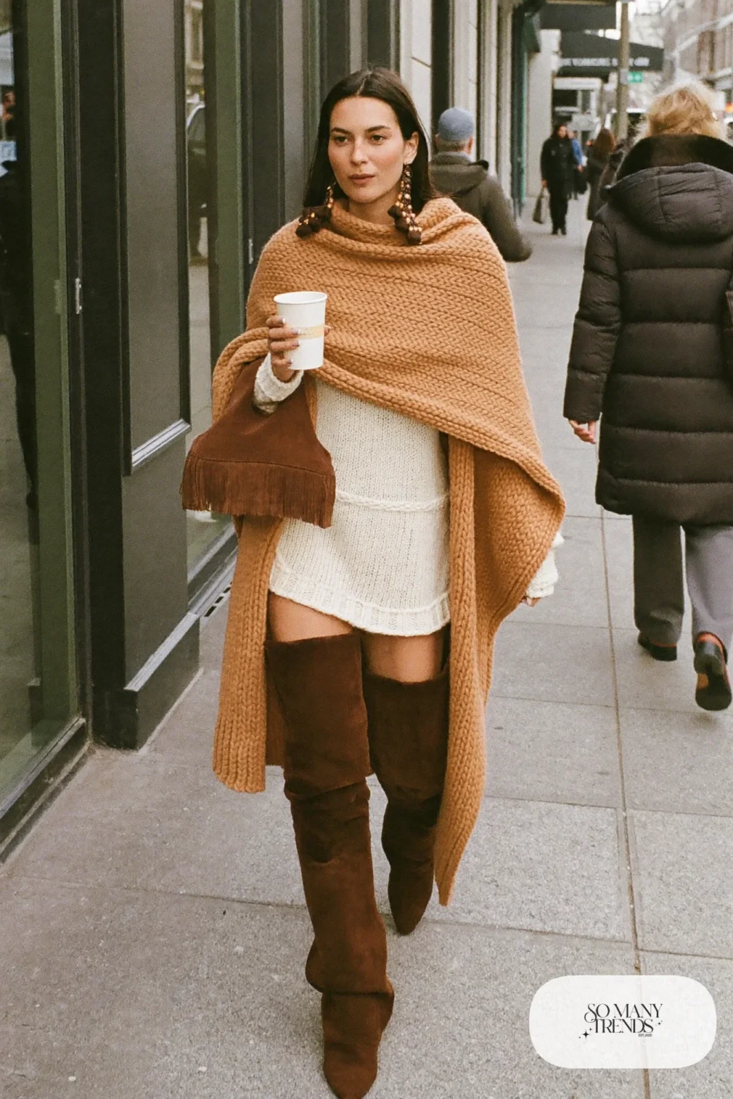 camel knit poncho cream knit dress chocolate over-the-knee boots tassel earrings outfit 12