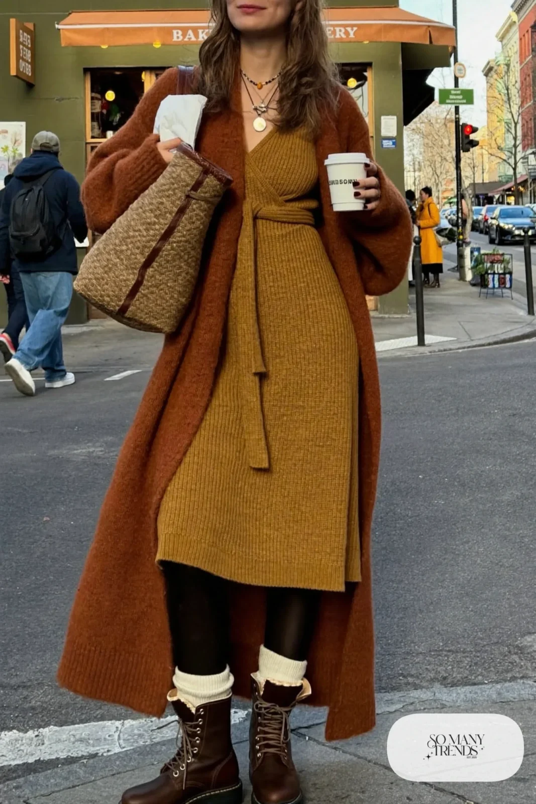 mustard knit wrap midi dress cream chunky socks brown lace-up boots long cardigan outfit 18