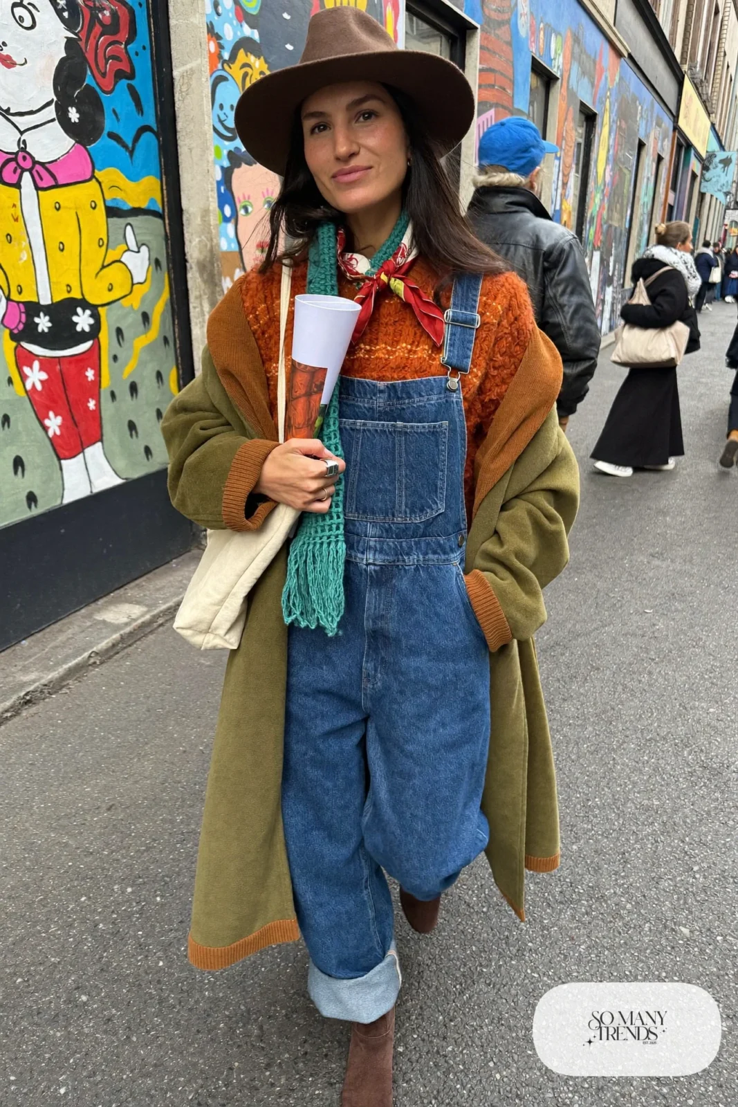 washed denim overalls rust chunky sweater bandana scarf white sneakers tote bag outfit 20