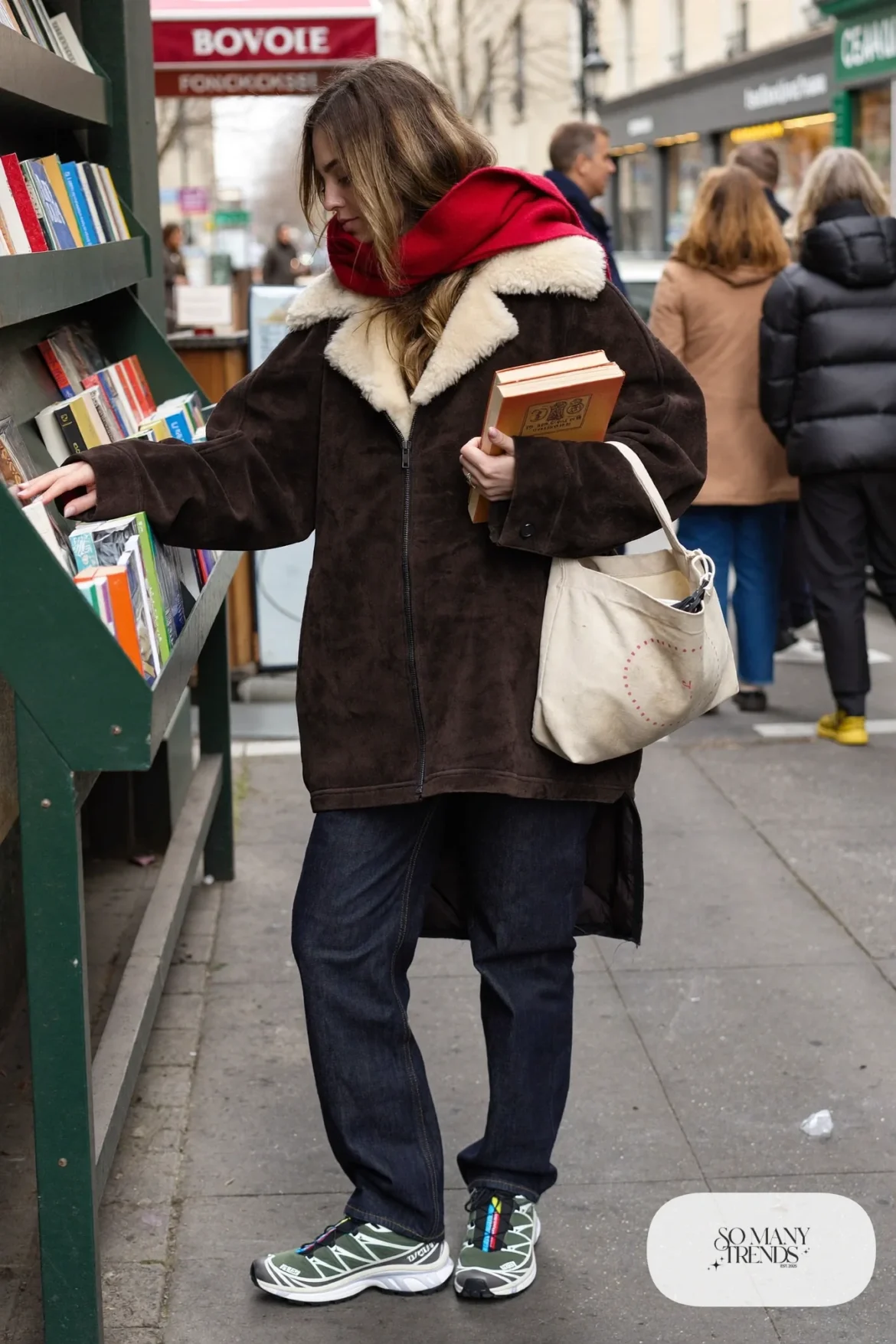 boxy chocolate brown suede jacket, dark straight jeans, cherry red scarf, green and gray Salomon XT-6 sneakers outfit 6