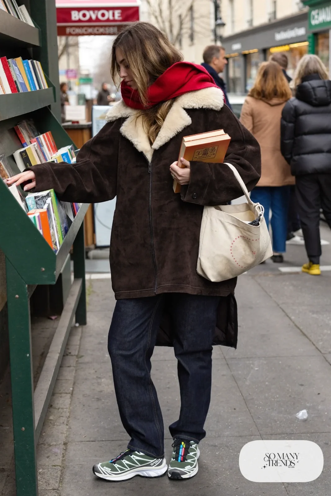 boxy chocolate brown suede jacket, dark straight jeans, cherry red scarf, green and gray Salomon XT-6 sneakers outfit 6