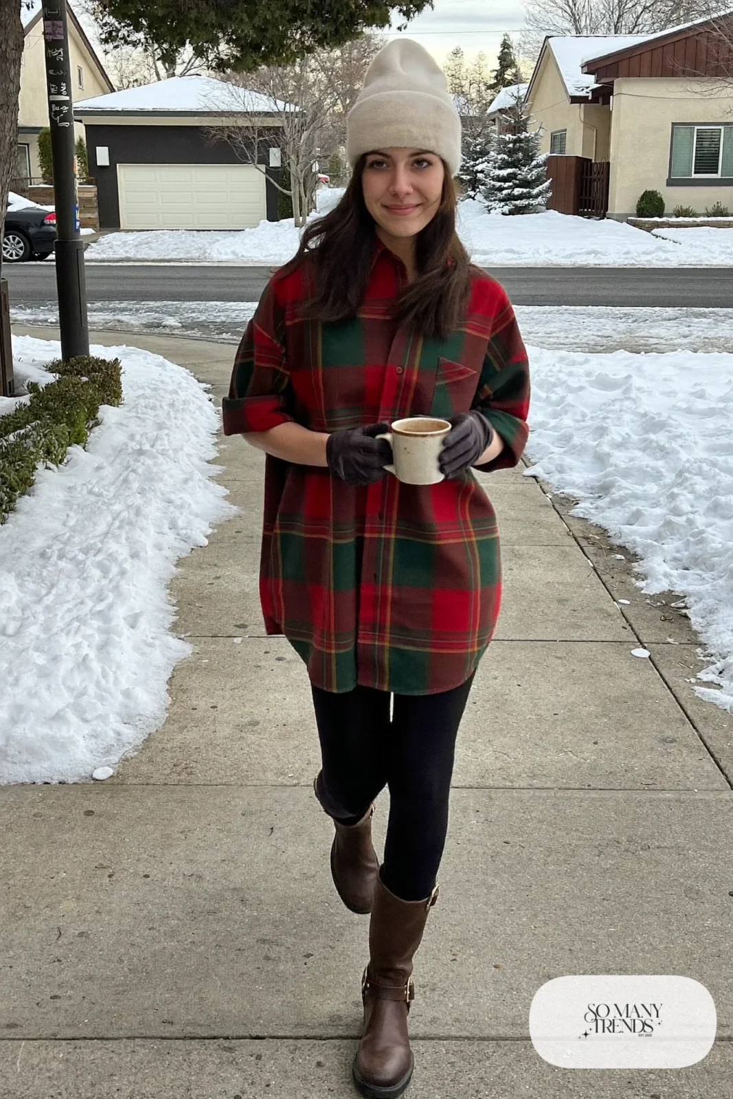 red and green plaid flannel shirt dress thick black tights brown ankle boots beanie outfit 14