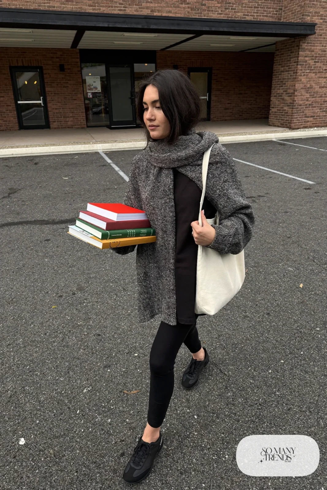 gray marl long wrap cardigan black top black leggings slip-on sneakers tote outfit 15