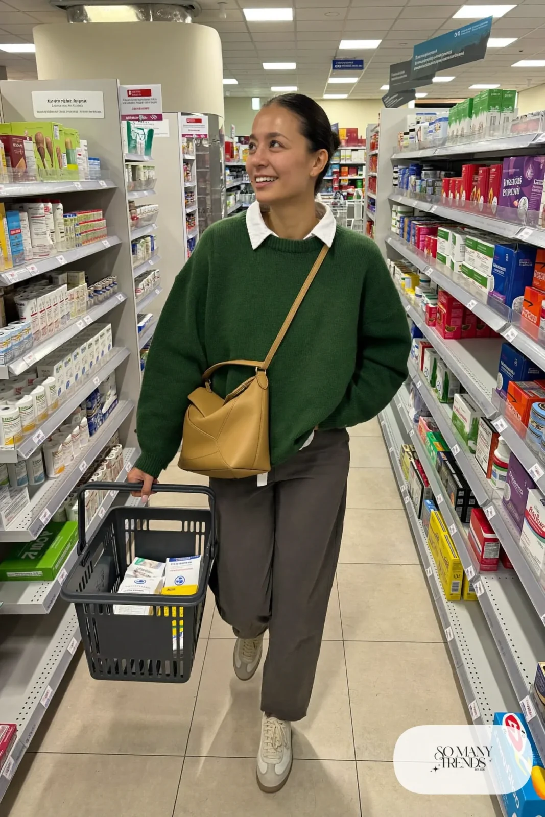forest green oversized sweater white collar shirt gray joggers sneakers crossbody bag outfit 28
