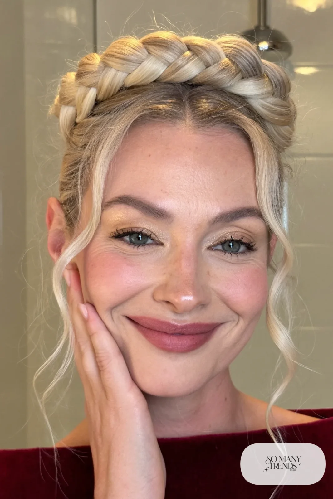 blonde crown braid updo with small gold pins, simple makeup, hairstyle 6