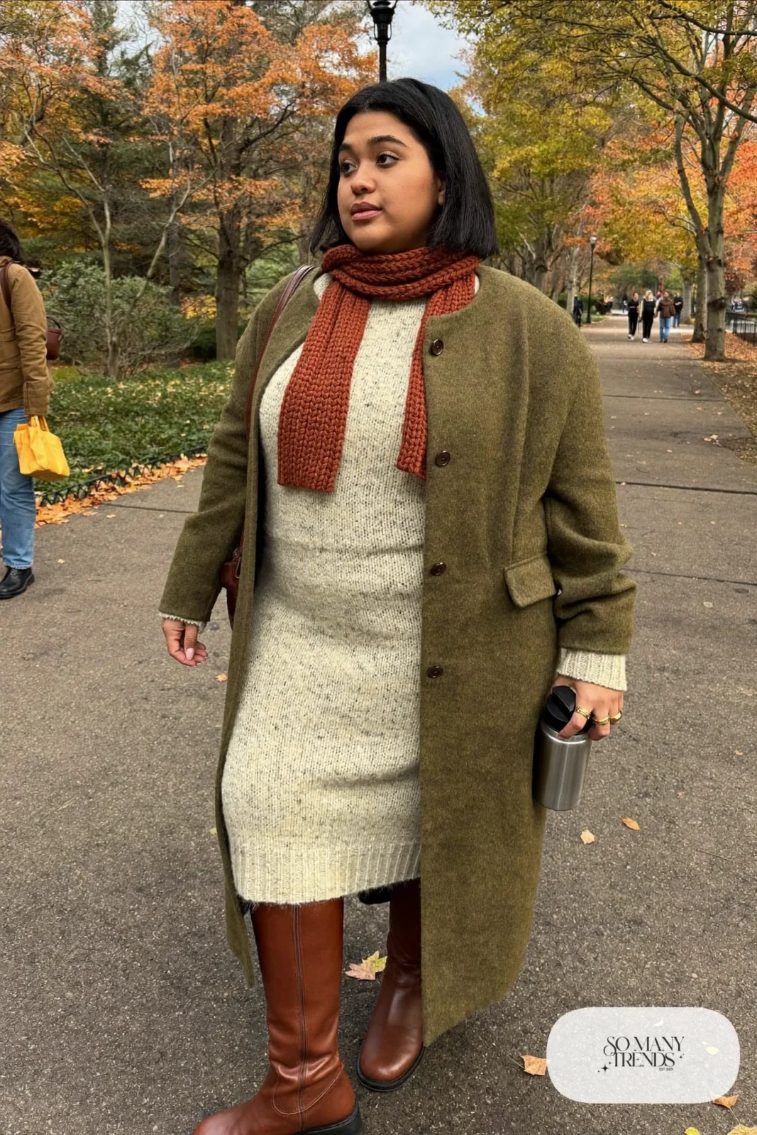 oatmeal sweater dress olive long coat tall brown boots scarf outfit 15
