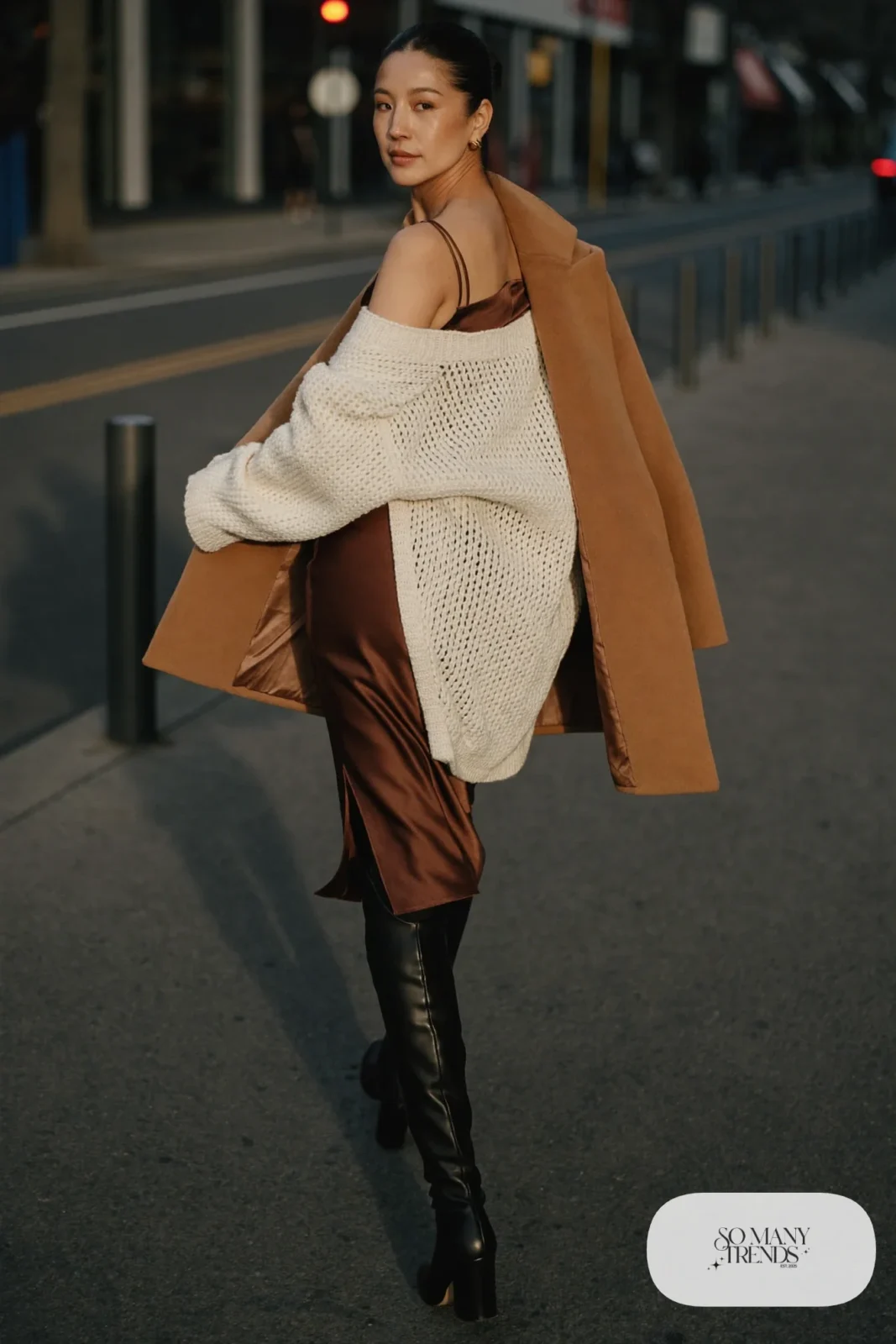chocolate brown satin slip dress cream chunky cardigan black tights tall boots long coat outfit 23