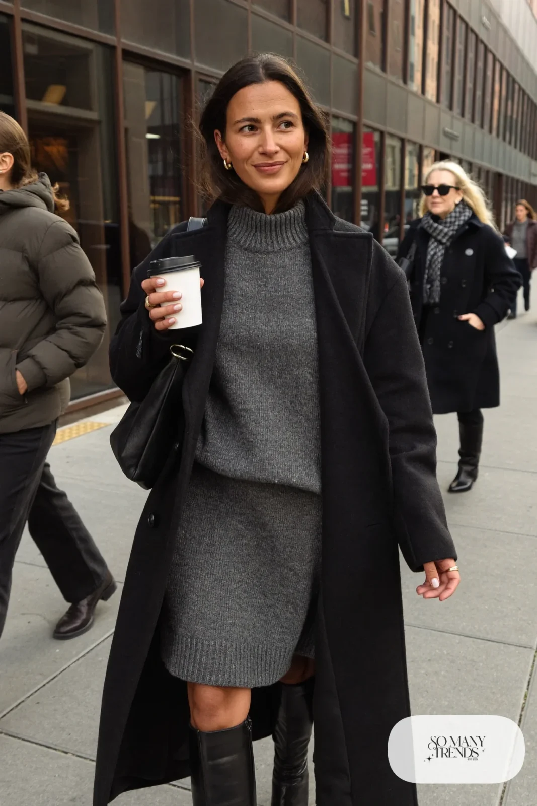 charcoal knit midi sweater dress oversized black wool coat tall black boots structured tote outfit 1