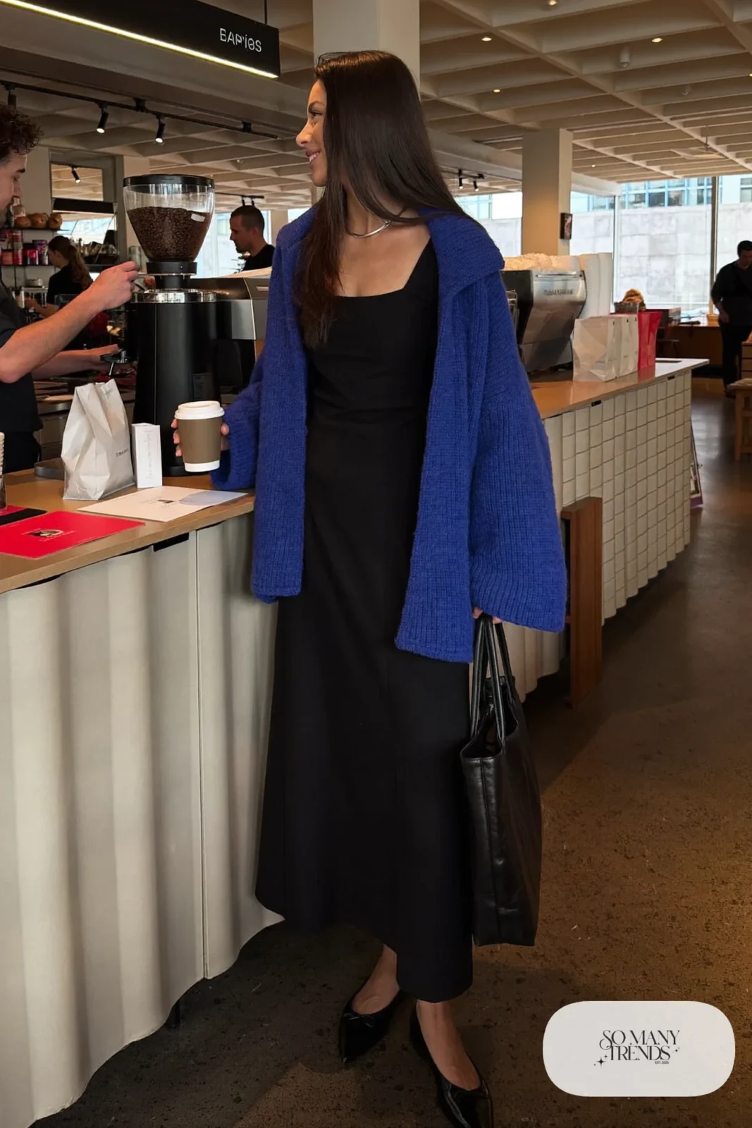 black long sleeve midi dress cobalt blue long cardigan black pointed flats silver necklace outfit 4