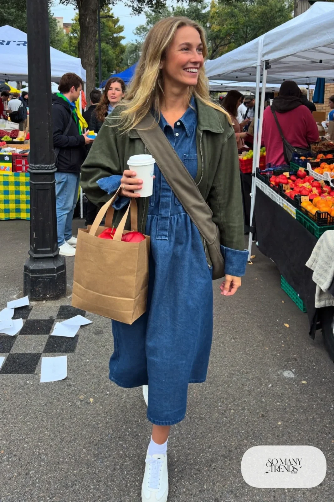 mid blue denim midi shirt dress olive utility jacket white leather sneakers crossbody bag outfit 22