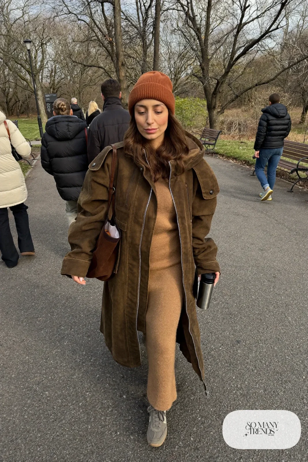 camel ribbed knit maxi dress long olive parka gray suede sneakers crossbody bag beanie outfit 25