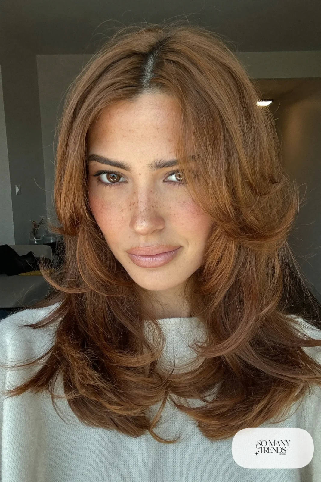 woman with long soft layered chestnut brown hair worn down, natural makeup, haircut 1