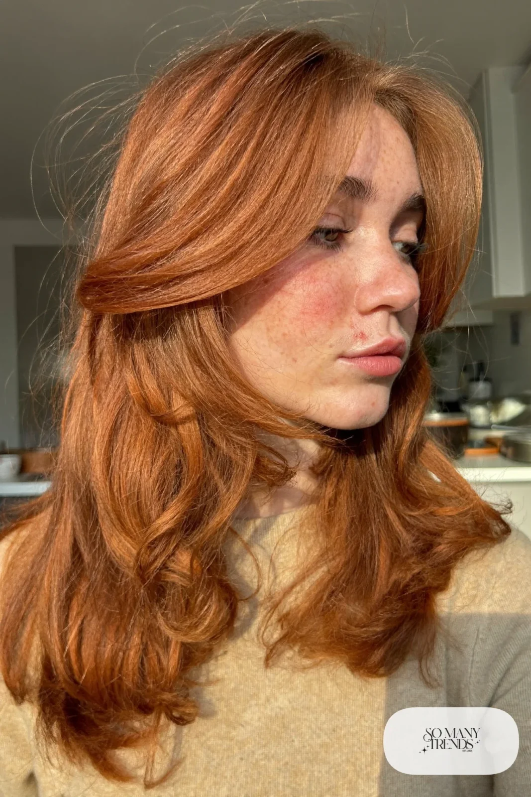 woman with copper auburn face-framing layers on thick hair worn down, natural makeup, haircut 5