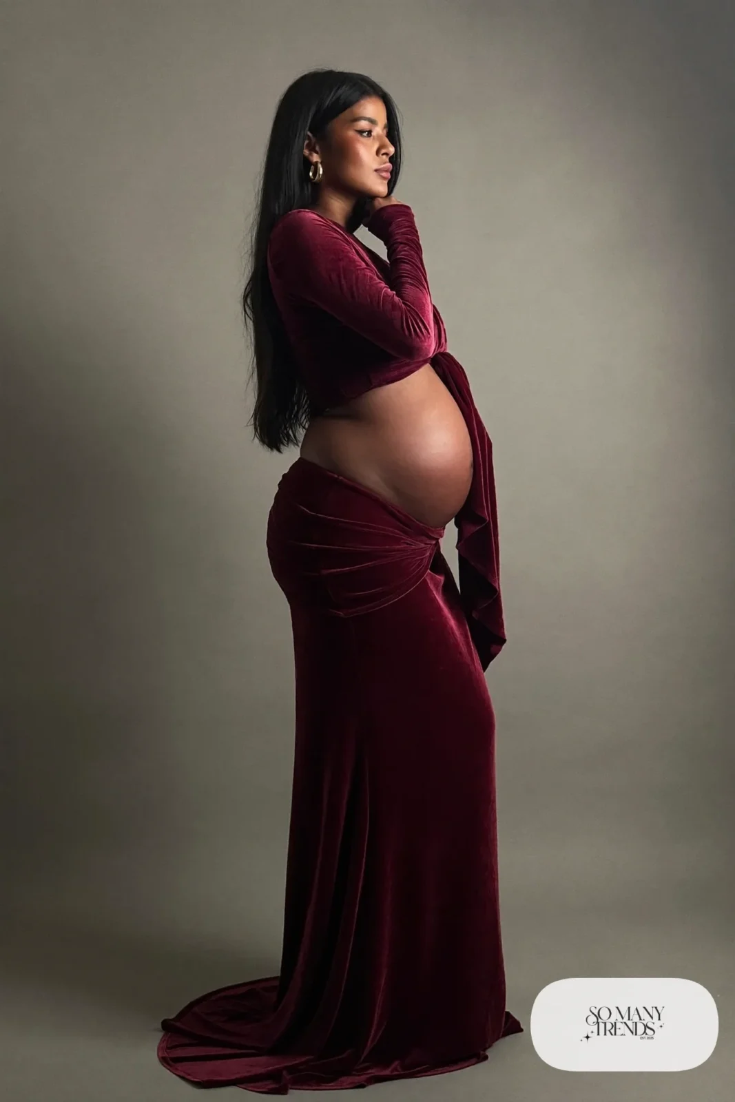 burgundy velvet maternity wrap gown studio backdrop photo 4