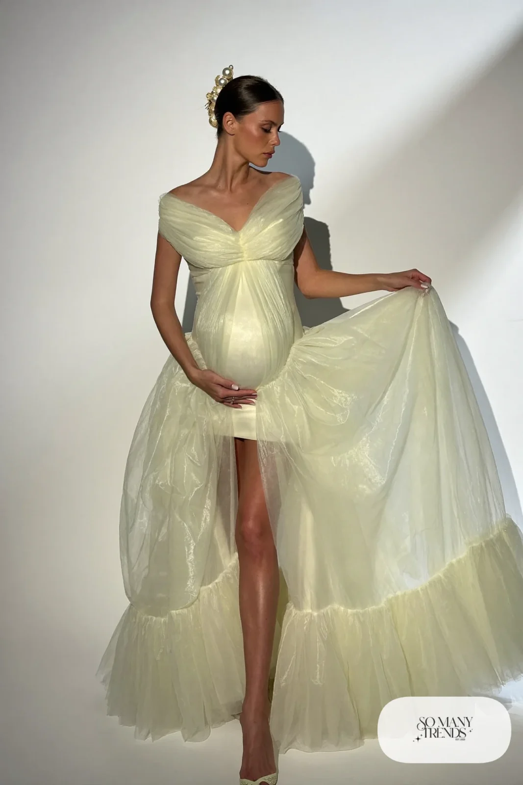ivory tulle maternity gown sheer overlay pearl hair clip studio photo 12