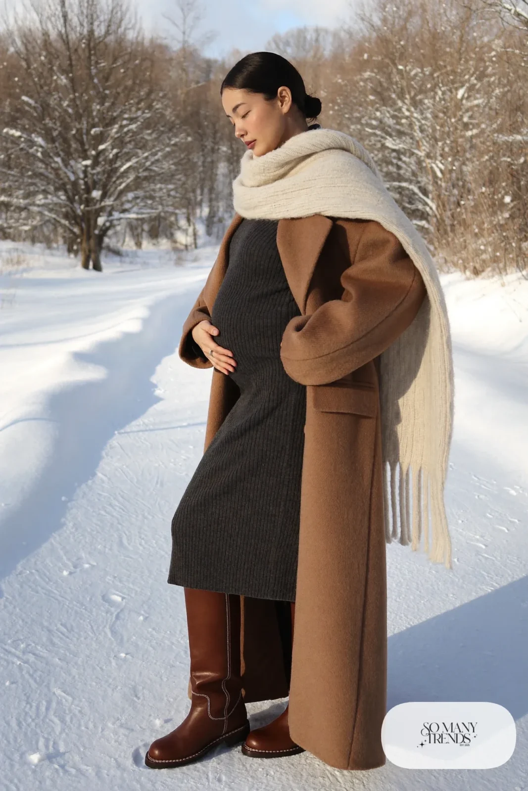 long camel wool coat open fitted knit maternity dress tall boots scarf winter photo 16