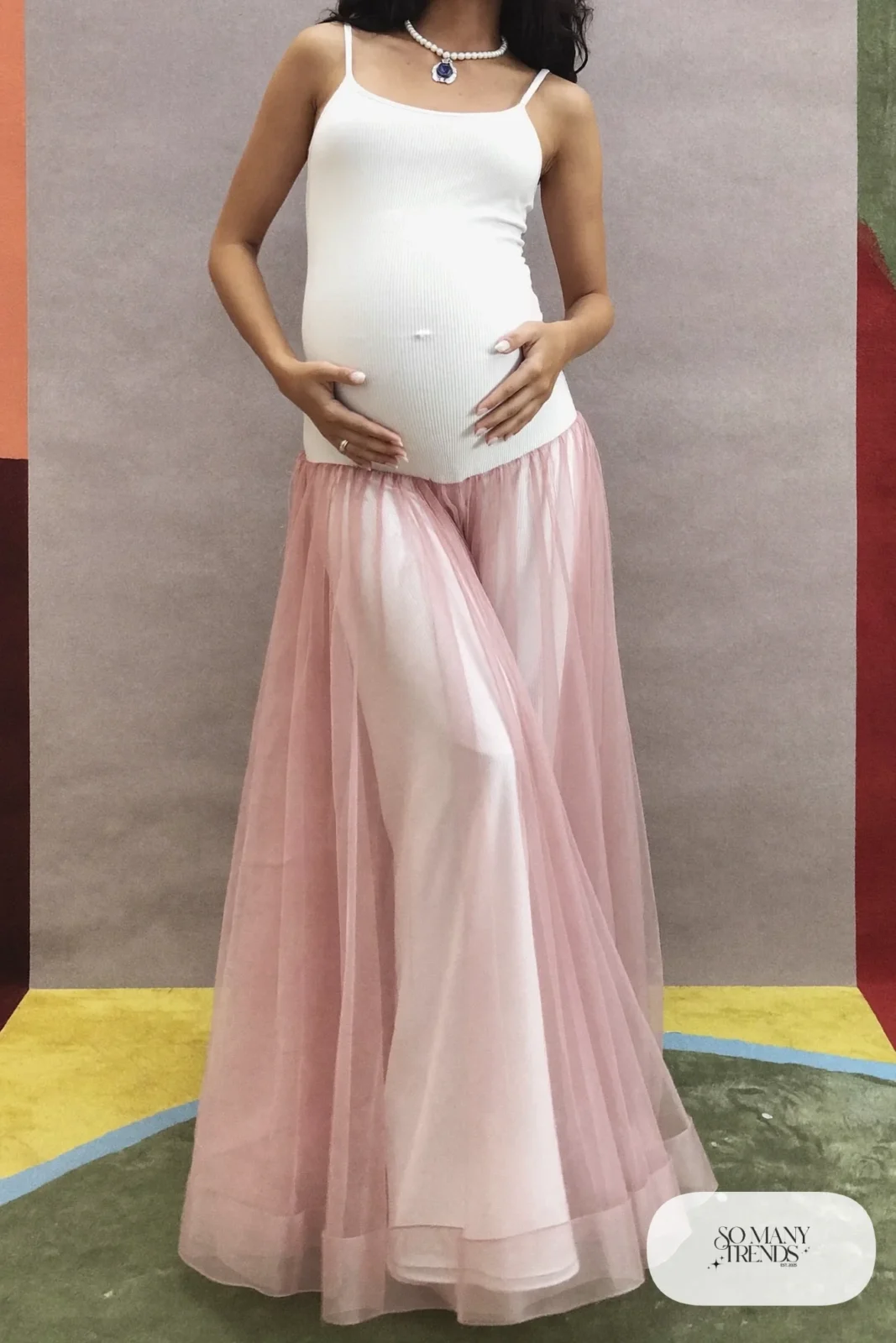 blush pink tulle maternity skirt white ribbed bodysuit studio photo 17