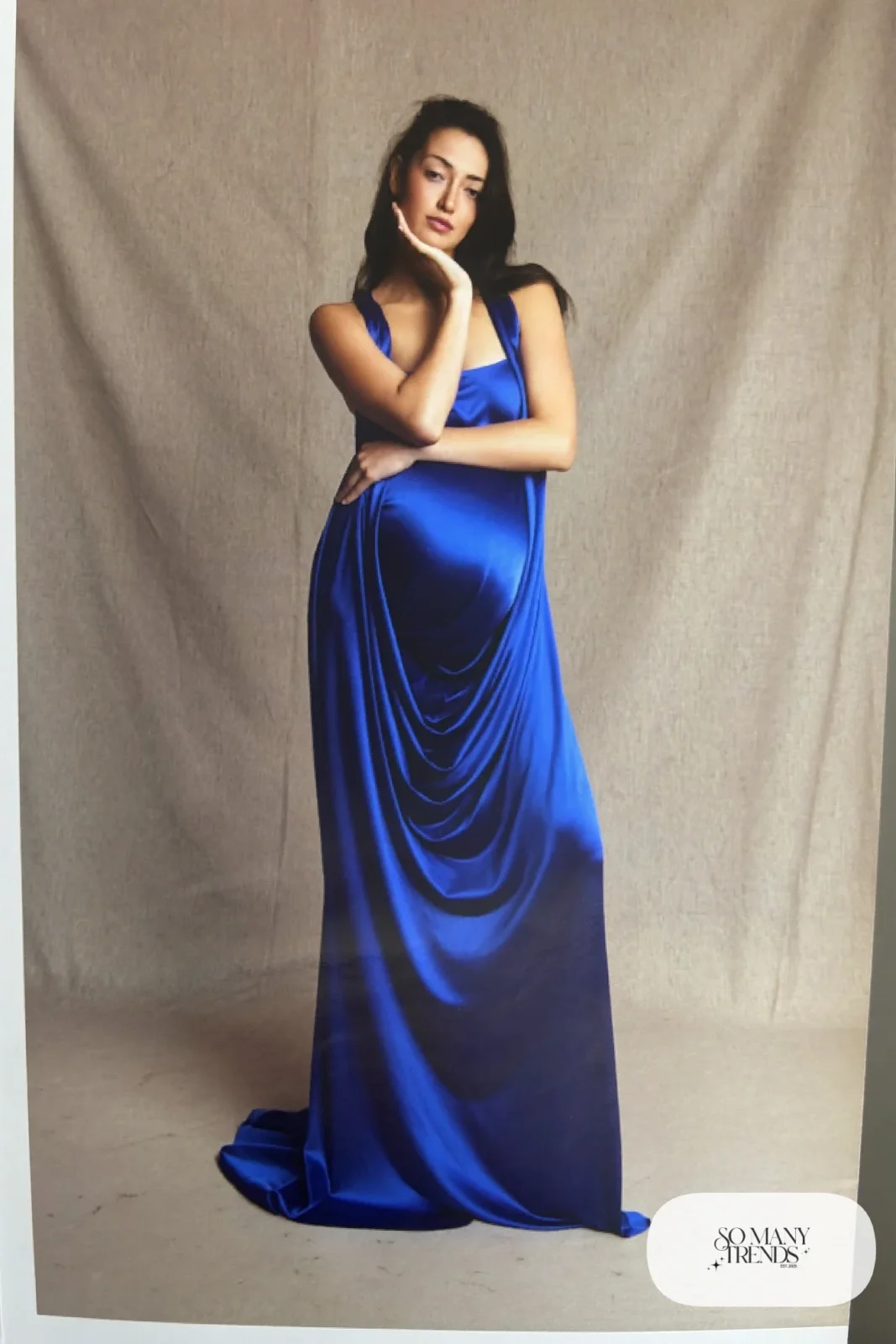 cobalt blue satin maternity gown studio backdrop photo 19