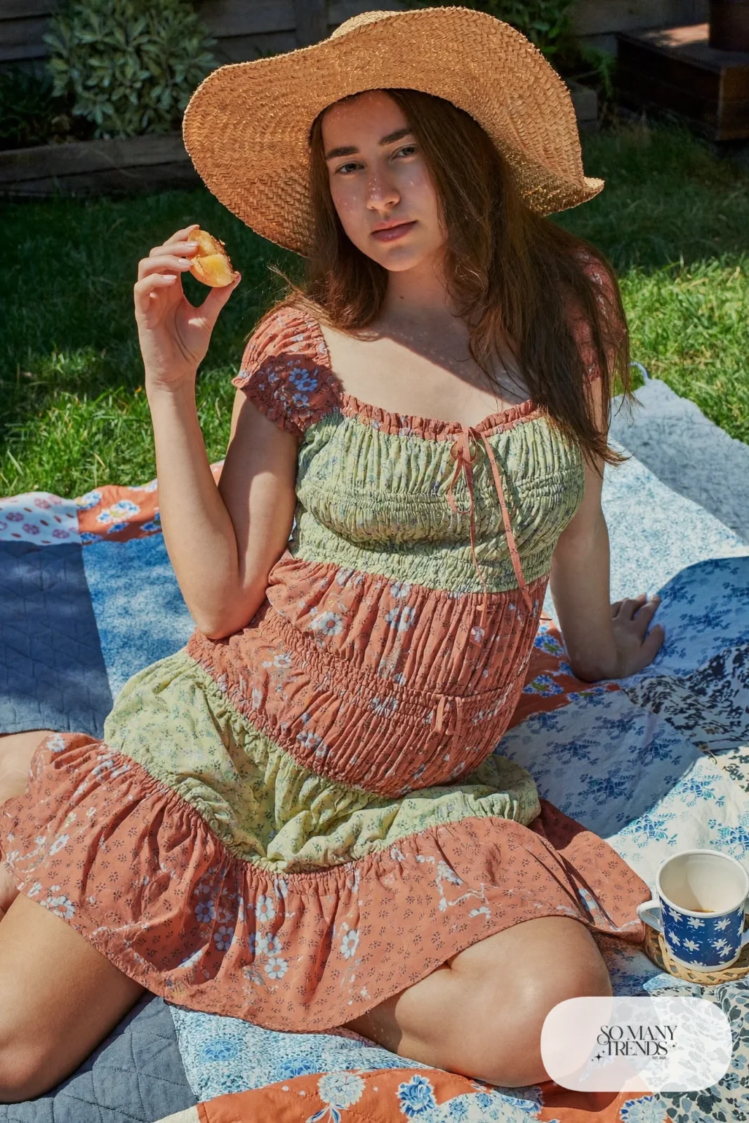 floral smocked maternity midi dress picnic blanket woven hat photo 20