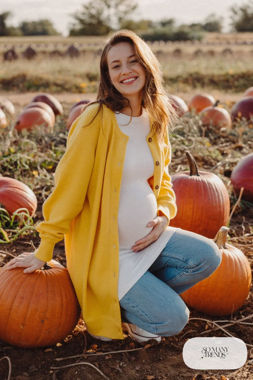 mustard cardigan white tee maternity straight jeans white sneakers pumpkin patch photo 22