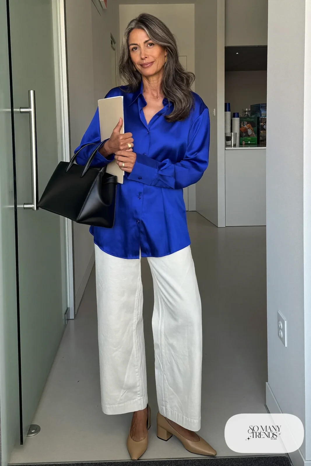 cobalt silk blouse cream wide-leg pants nude pumps structured bag outfit 4
