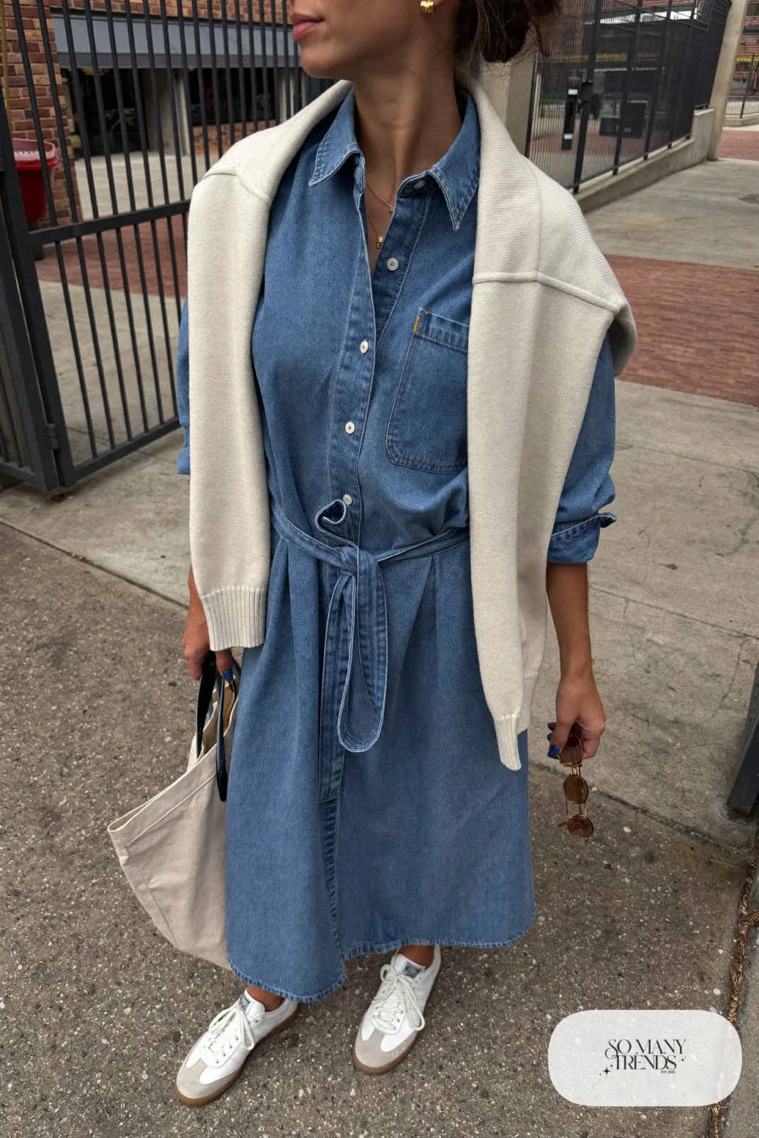 washed denim shirt dress midi belt cream cardigan white sneakers canvas tote school run outfit 7