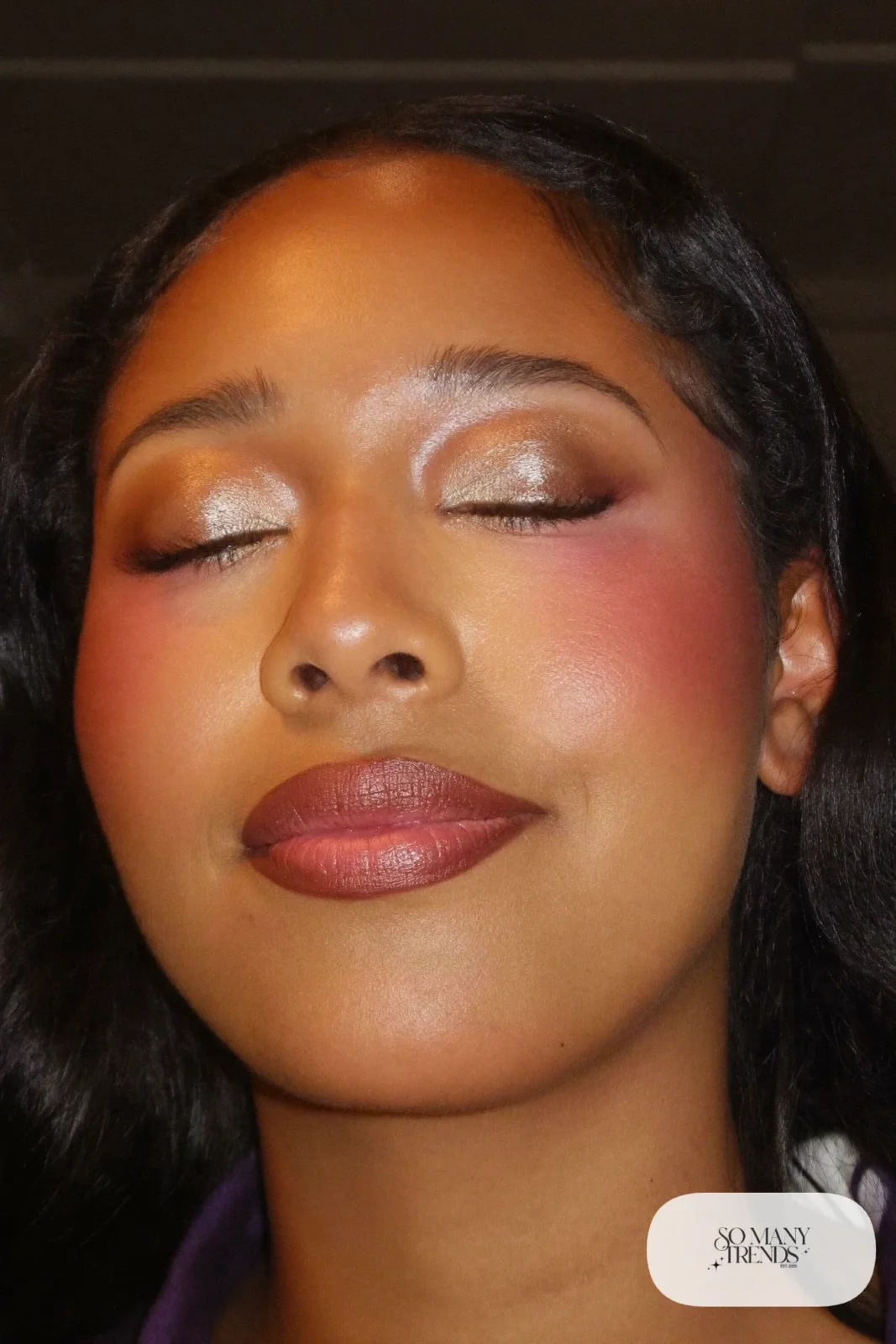 woman with champagne shimmer on the lids and a soft rose lip, winter makeup look 4