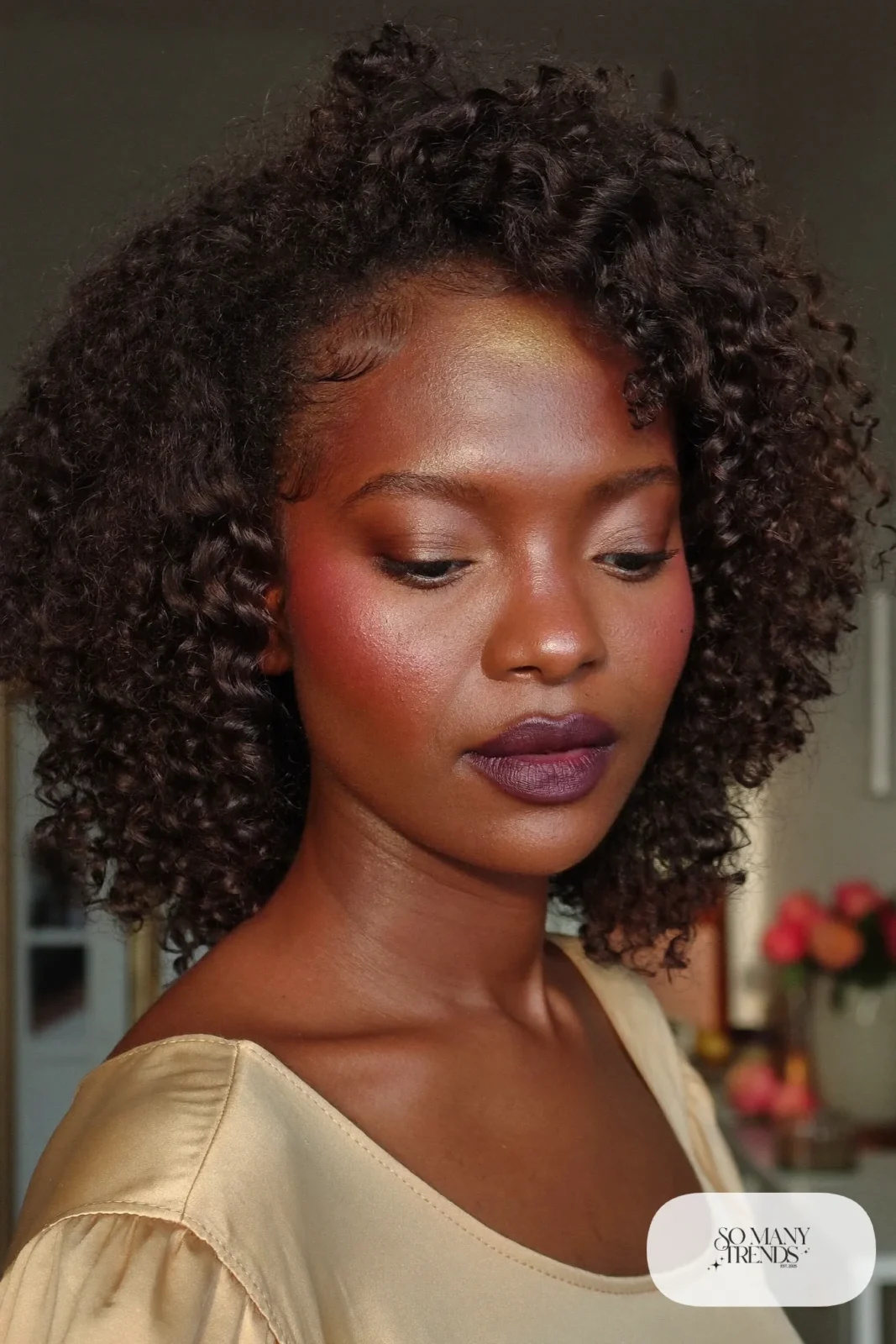 woman with soft bronze eyeshadow and a plum lip, winter makeup look 5