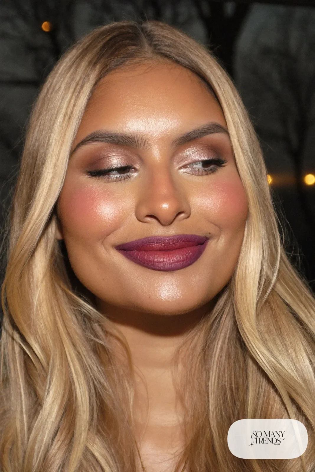 woman with mauve berry lipstick, bronze eyeshadow and glowing cheeks, winter makeup look 10