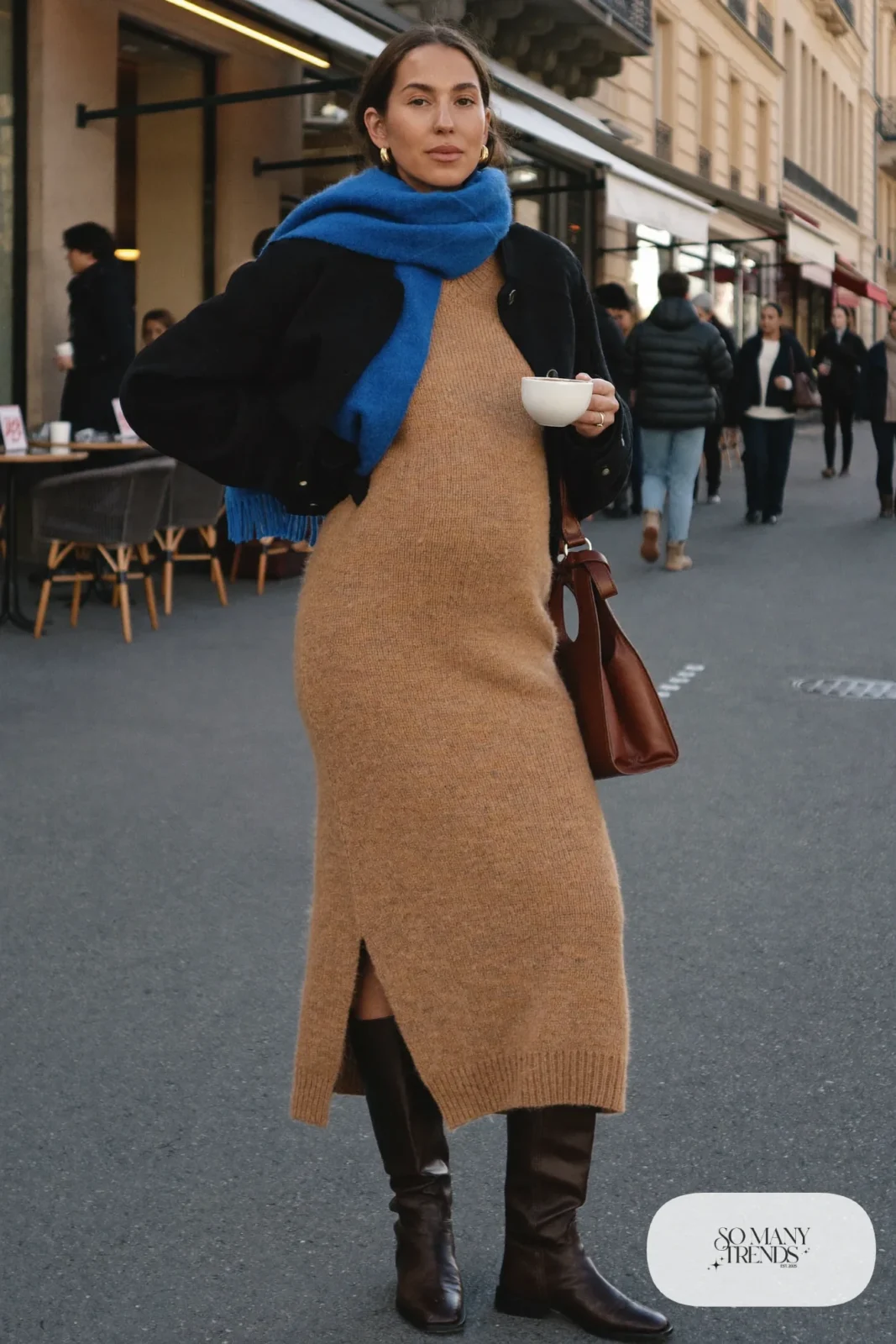 pregnant woman in camel sweater dress, cobalt blue scarf, dark brown tall boots and shoulder bag, outfit 17