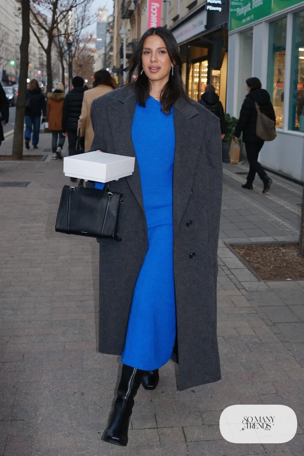 cobalt blue knit midi dress tall black boots long charcoal coat silver earrings outfit 6