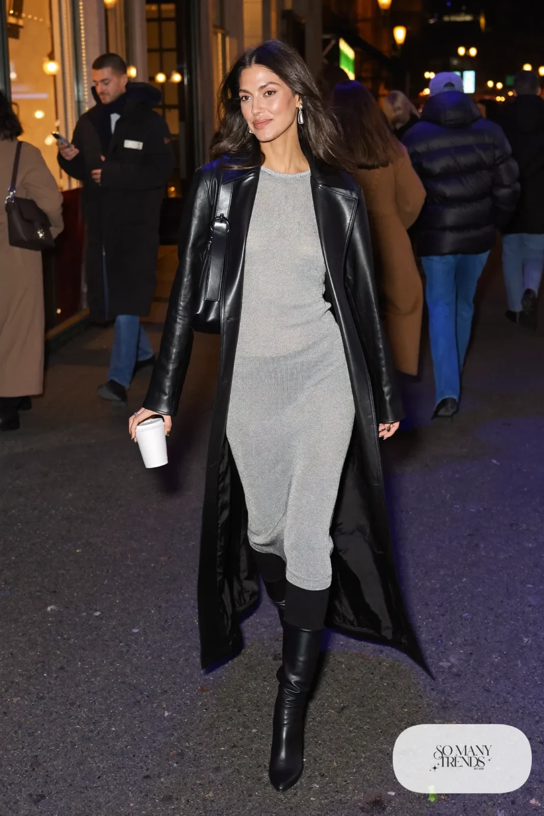 silver metallic knit midi dress long black leather trench tall black boots belt outfit 30