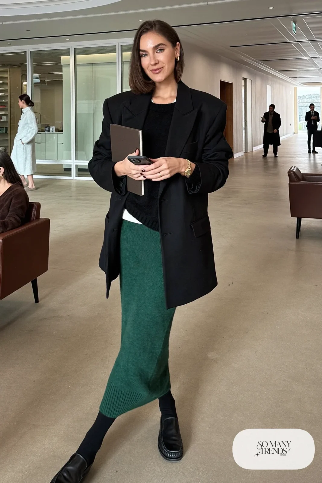 forest green ribbed knit maxi skirt oversized black blazer black sweater loafers outfit 2