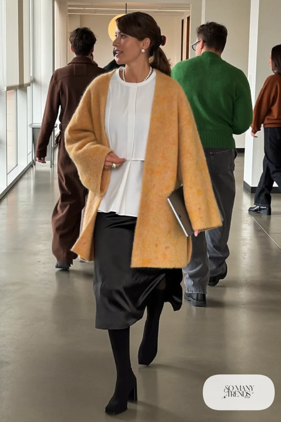 black satin midi skirt chunky oatmeal cardigan white blouse block heel boots outfit 3