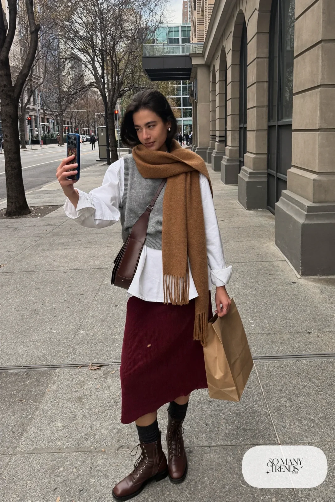 burgundy corduroy maxi skirt gray knit vest white shirt brown boots outfit 4