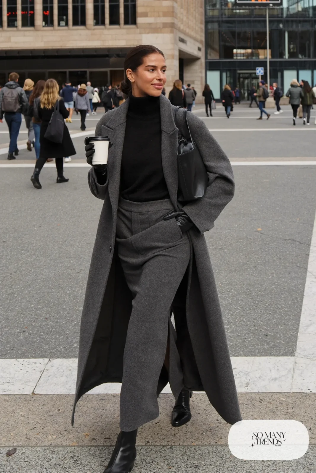 charcoal wool long pencil skirt black oversized turtleneck long gray coat black boots outfit 5