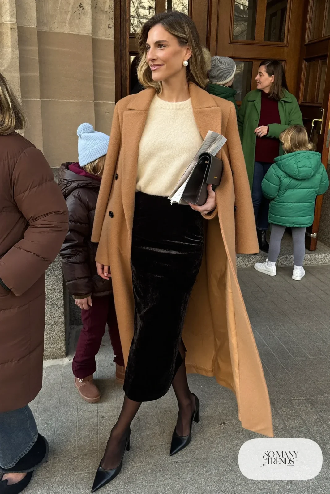 black velvet midi skirt ivory cashmere sweater long wool coat black pumps outfit 8