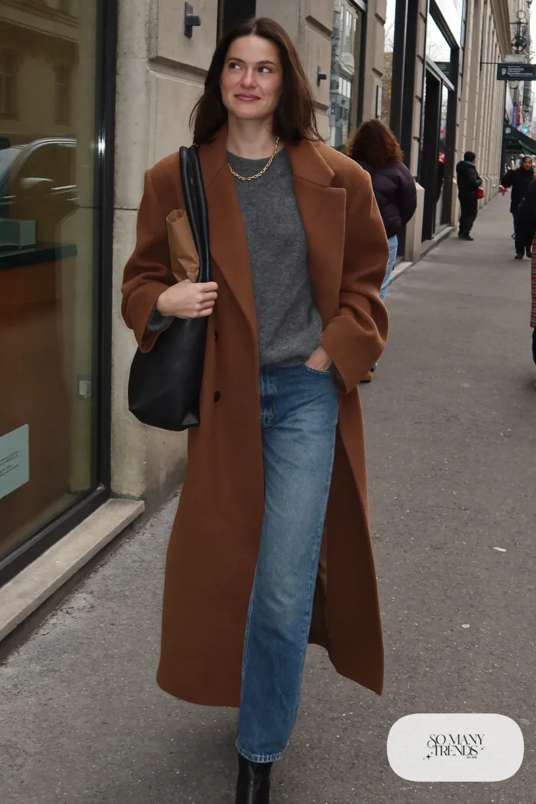 camel wool coat charcoal sweater straight jeans black ankle boots leather tote outfit 1